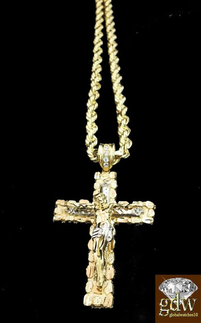 Real 10K Yellow Gold 28" Inch Rope Chain Necklace Cross Pendant Charm - Reva Jeweler
