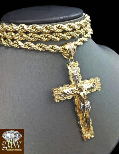 Real 10K Yellow Gold 28" Inch Rope Chain Necklace Cross Pendant Charm - Reva Jeweler