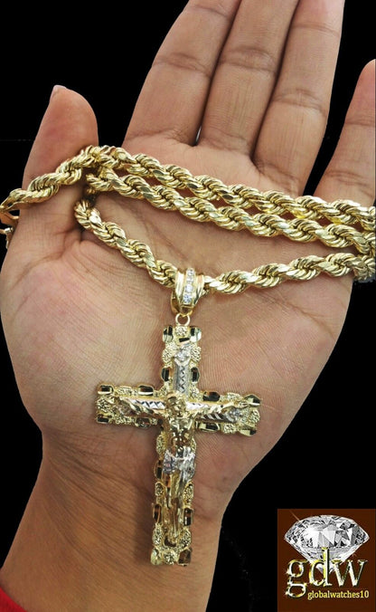 Real 10K Yellow Gold 28" Inch Rope Chain Necklace Cross Pendant Charm - Reva Jeweler