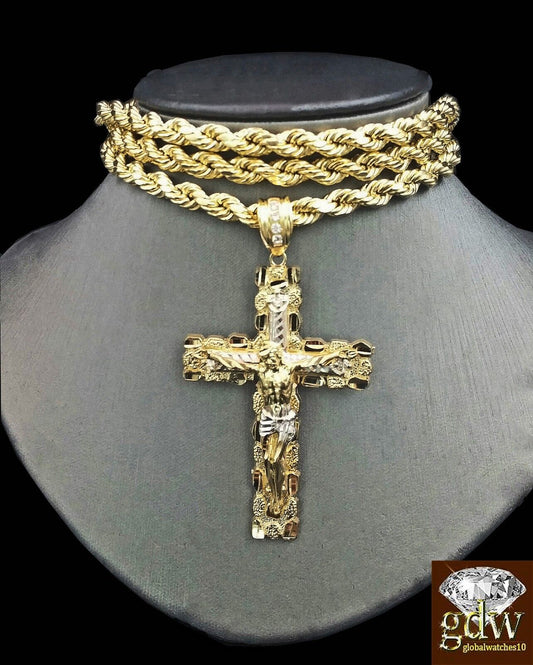 Real 10K Yellow Gold 28" Inch Rope Chain Necklace Cross Pendant Charm - Reva Jeweler