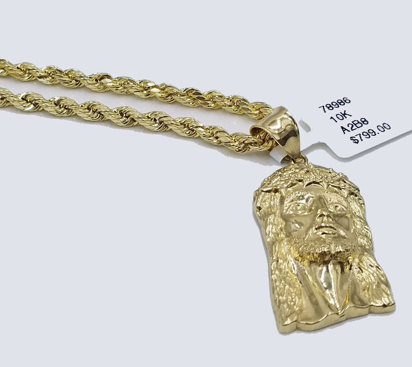 Real 10k Yellow Gold 3mm Rope Chain 18 - 28 inch Necklace And Jesus Head Pendant - Reva Jeweler