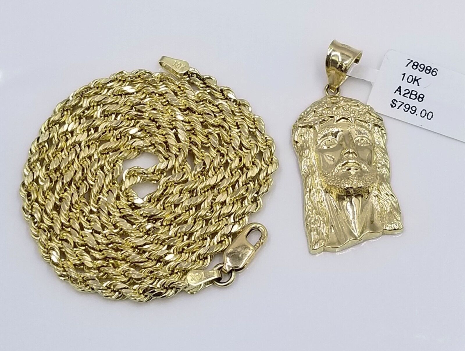Real 10k Yellow Gold 3mm Rope Chain 18 - 28 inch Necklace And Jesus Head Pendant - Reva Jeweler