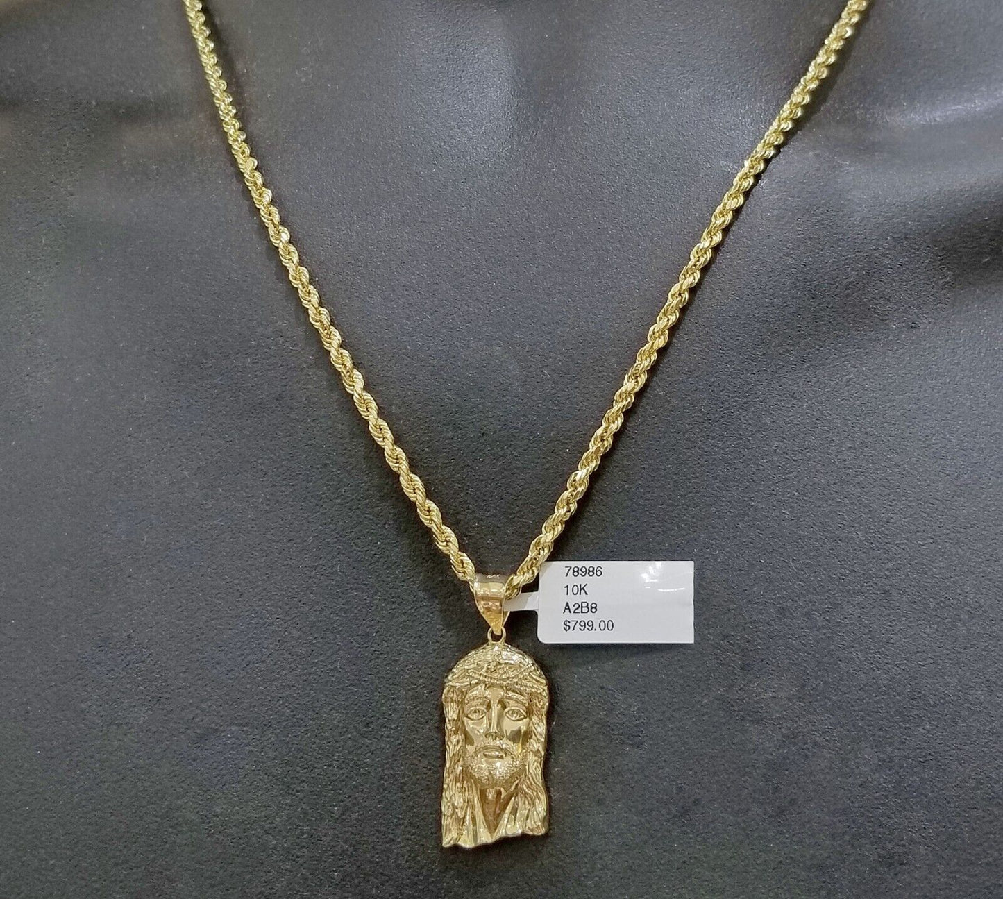 Real 10k Yellow Gold 3mm Rope Chain 20" inch Necklace And Jesus Head Pendant - GoldenlinQ