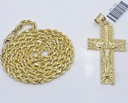 Real 10k Yellow Gold 3mm Rope Chain Cross Pendant 20" inch Necklace , Men Women - GoldenlinQ