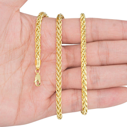Real 10K Yellow Gold 5mm Wheat Palm Franco Spiga Chain Necklace 16" - 30" Hollow - Reva Jeweler