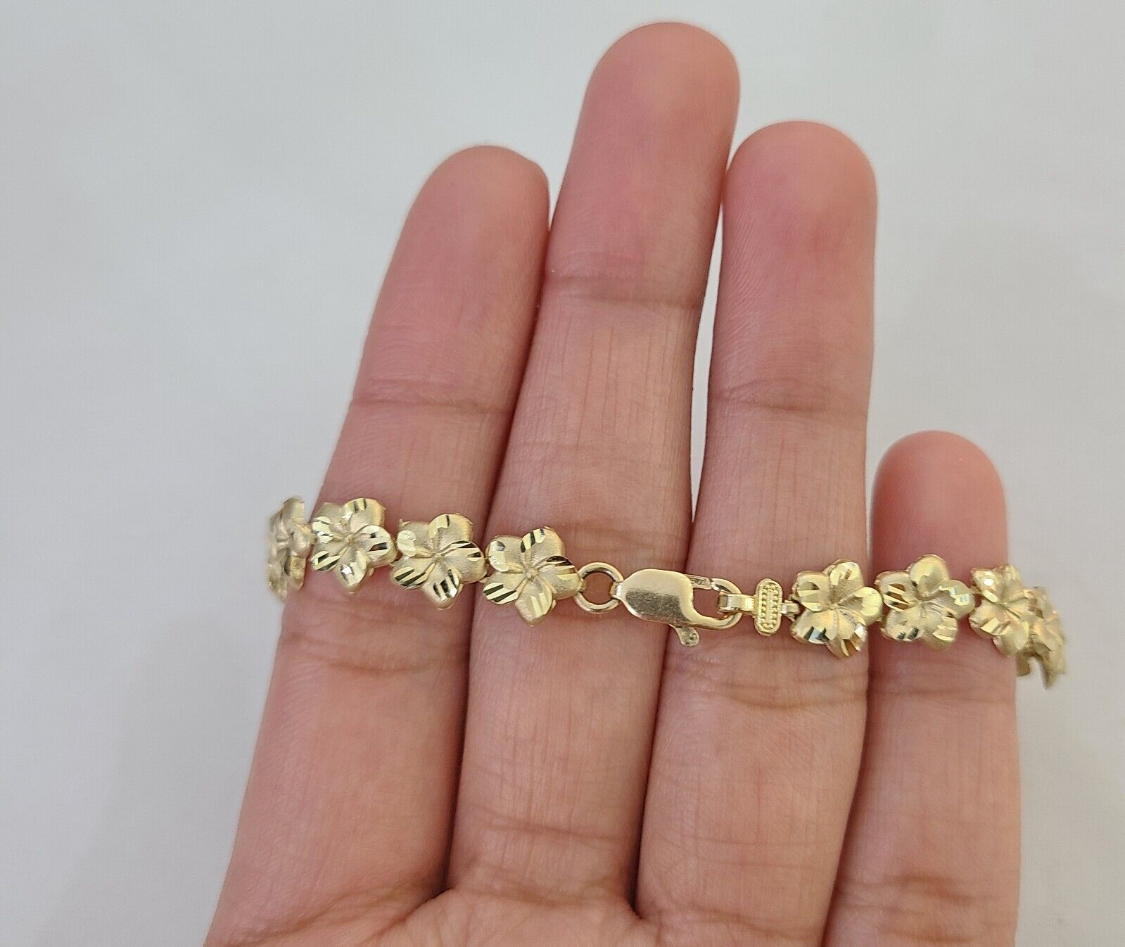 Real 10K Yellow Gold 8mm Flower Bracelet 7.5" Inch 10kt Gold - Reva Jeweler