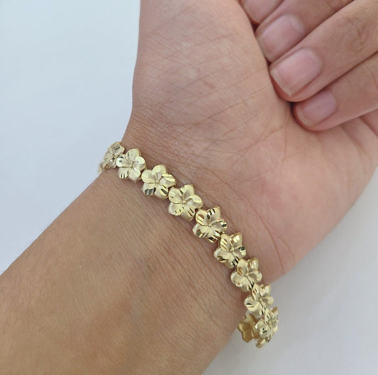 Real 10K Yellow Gold 8mm Flower Bracelet 7.5" Inch 10kt Gold - Reva Jeweler