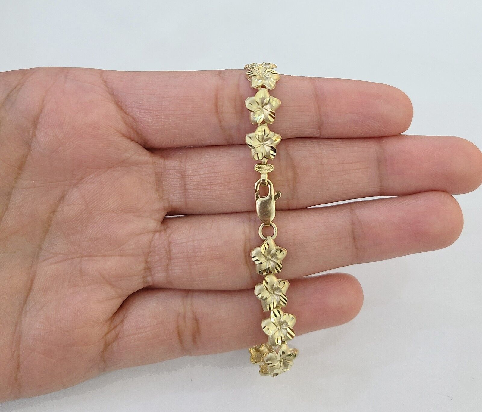 Real 10K Yellow Gold 8mm Flower Bracelet 7.5" Inch 10kt Gold - Reva Jeweler