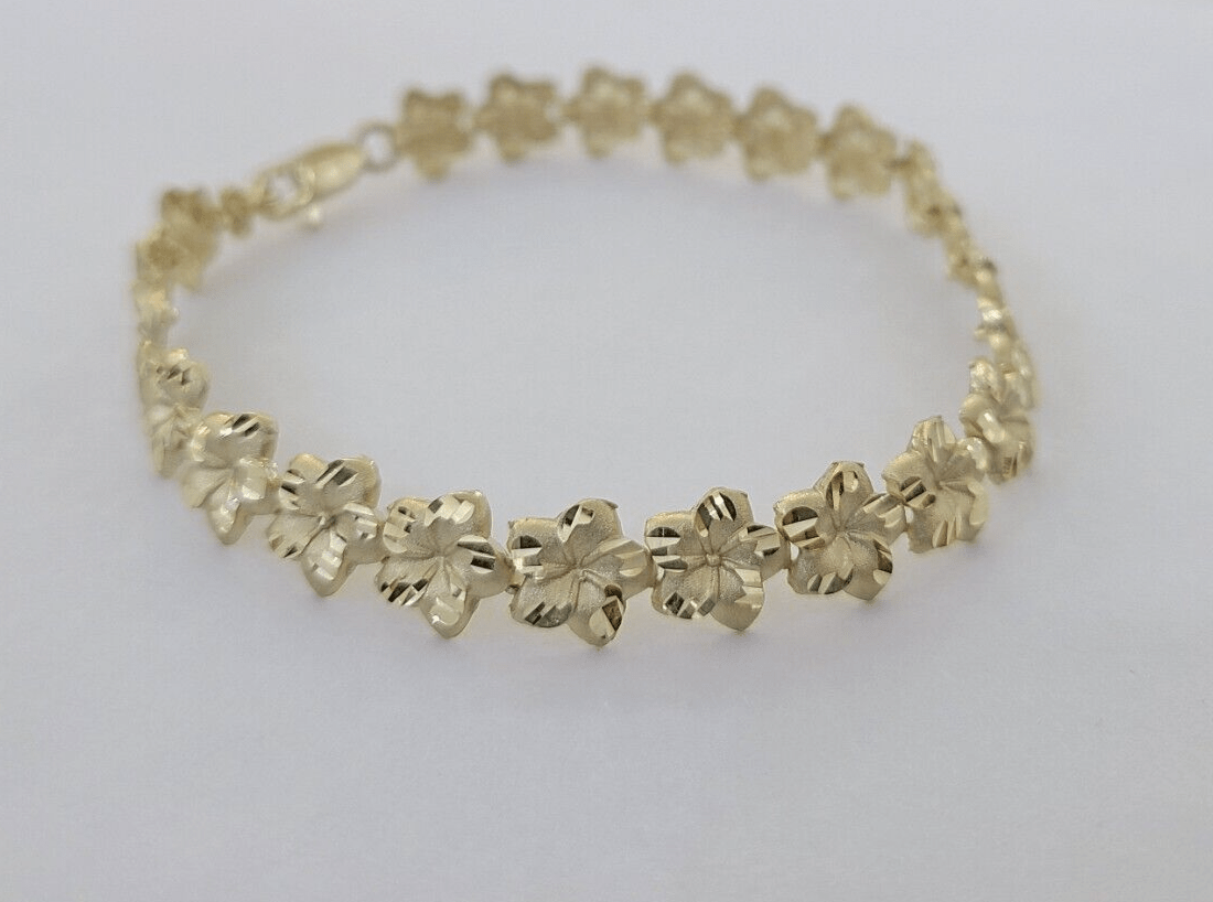 Real 10K Yellow Gold 8mm Flower Bracelet 7.5" Inch 10kt Gold - Reva Jeweler