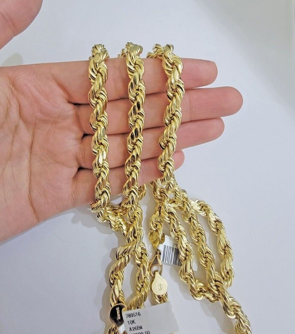 Real 10k Yellow Gold 8mm Rope Chain Necklace 18 in - 30 Inch Diamond Cuts 10kt - Reva Jeweler