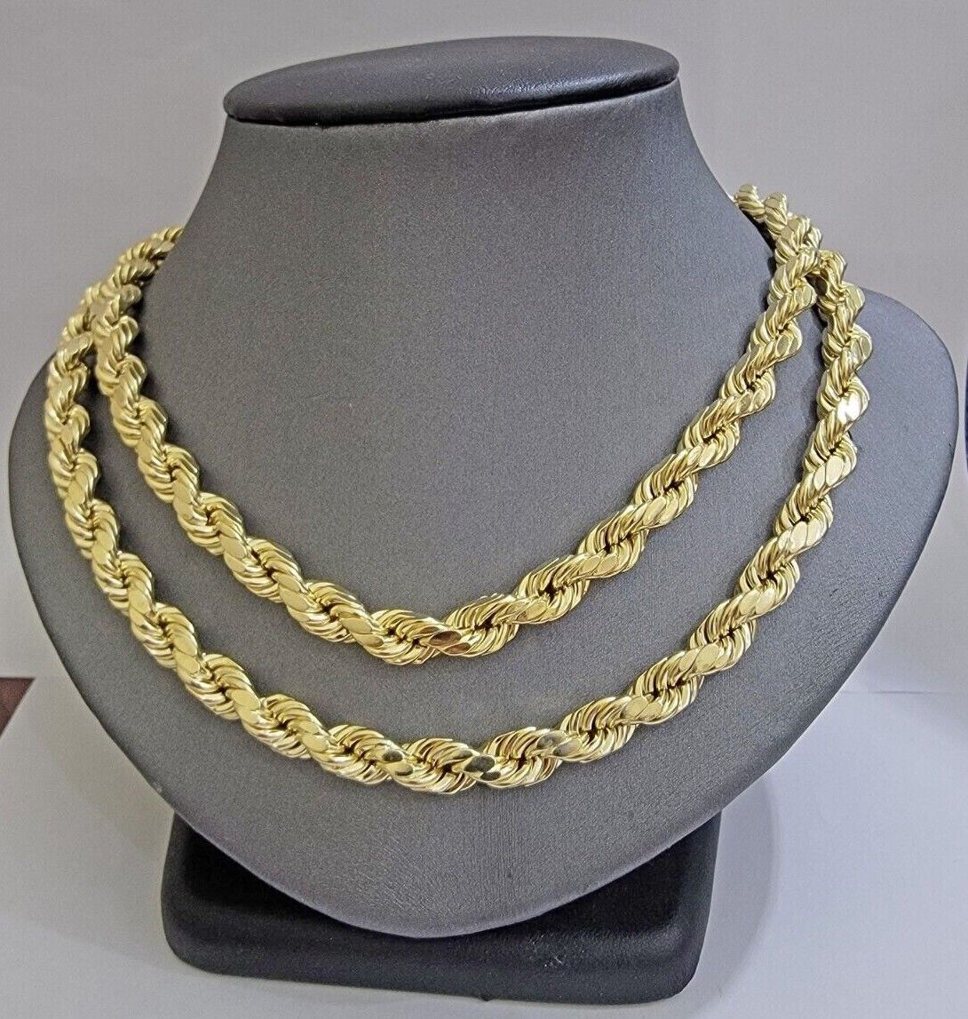 Real 10k Yellow Gold 8mm Rope Chain Necklace 18 in - 30 Inch Diamond Cuts 10kt - Reva Jeweler