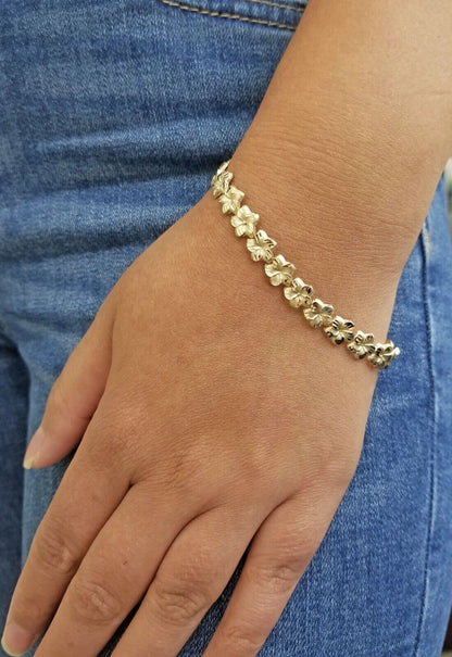 Real 10K Yellow Gold 9mm Flower Bracelet 8" inch 10kt Lobster lock - Reva Jeweler