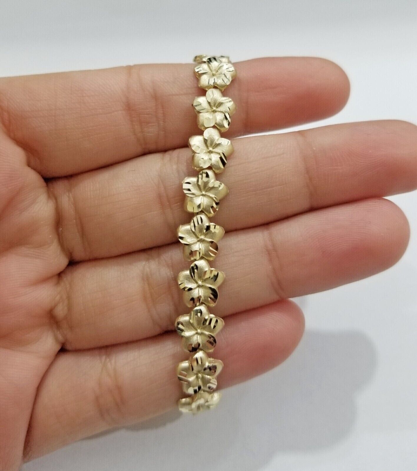 Real 10K Yellow Gold 9mm Flower Bracelet 8" inch 10kt Lobster lock - Reva Jeweler