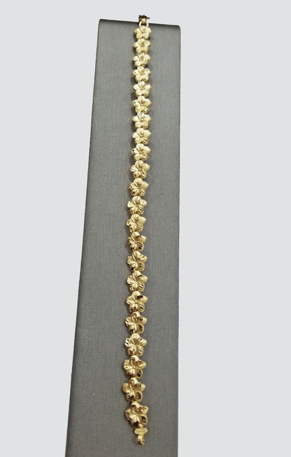 Real 10K Yellow Gold 9mm Flower Bracelet 8" inch 10kt Lobster lock - Reva Jeweler