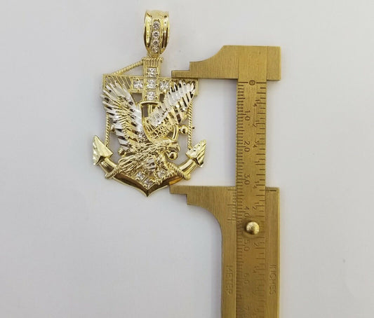 Real 10k Yellow Gold American Eagle Anchor Pendant 2 inches Charm - Reva Jeweler