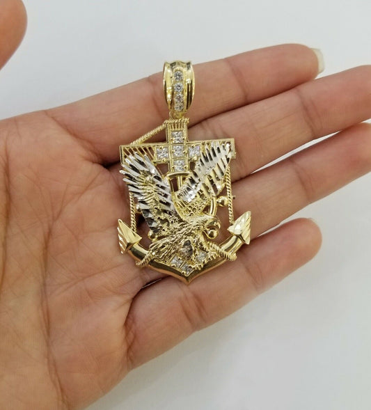 Real 10k Yellow Gold American Eagle Anchor Pendant 2 inches Charm - Reva Jeweler
