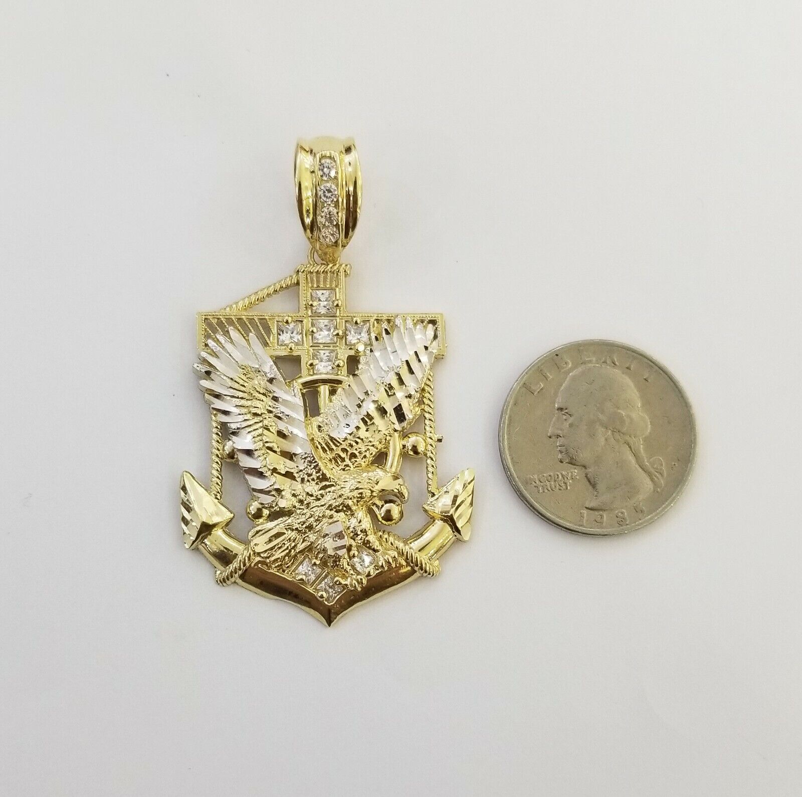 Real 10k Yellow Gold American Eagle Anchor Pendant 2 inches Charm - Reva Jeweler