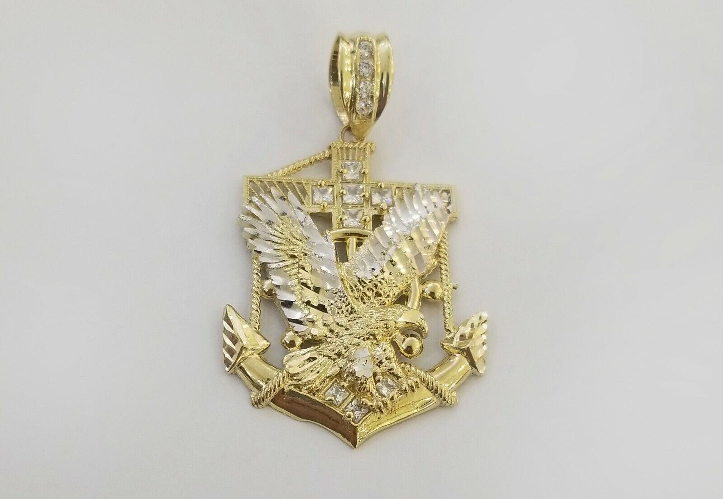 Real 10k Yellow Gold American Eagle Anchor Pendant 2 inches Charm - Reva Jeweler