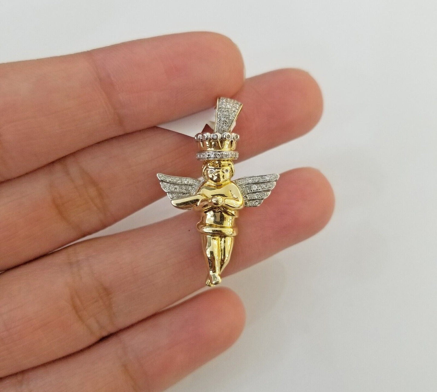 Real 10k Yellow Gold Angel Praying Hand Real Diamond Pendant Mini Angel Charm - Reva Jeweler