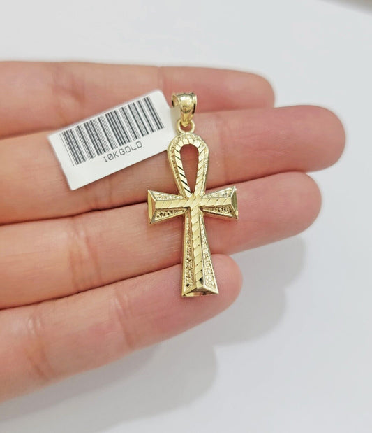 Real 10k Yellow Gold Ankh charm pendant 1.5" Diamond Cuts Cross Charm for Chain - Reva Jeweler