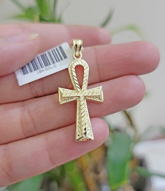 Real 10k Yellow Gold Ankh charm pendant 1.5" Diamond Cuts Cross Charm for Chain - Reva Jeweler