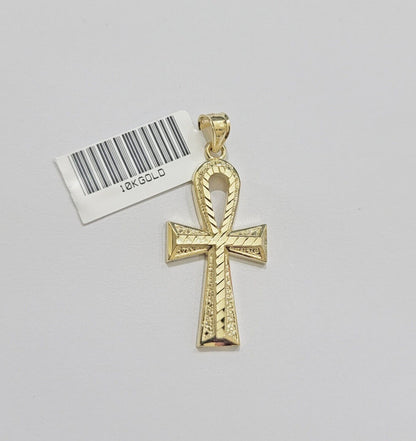 Real 10k Yellow Gold Ankh charm pendant 1.5" Diamond Cuts Cross Charm for Chain - Reva Jeweler