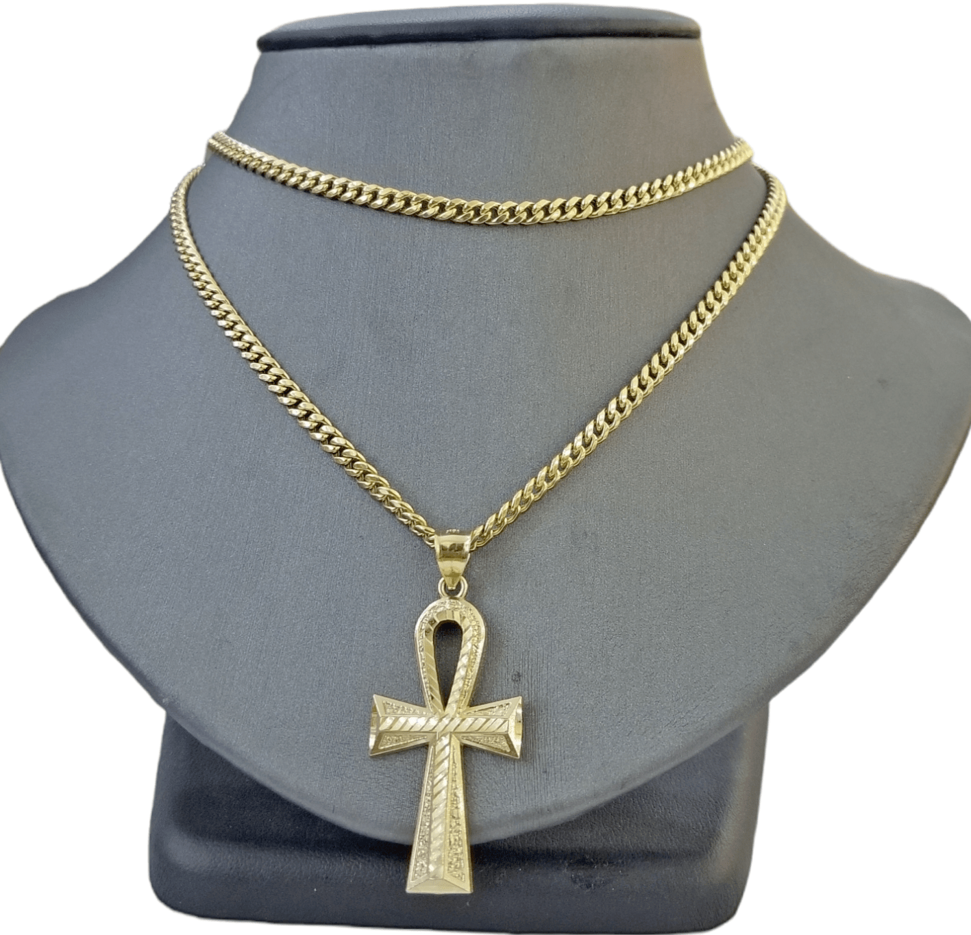 Real 10k Yellow Gold Ankh charm pendant 2.2 Inches Diamond Cuts Charm for Chains - Reva Jeweler