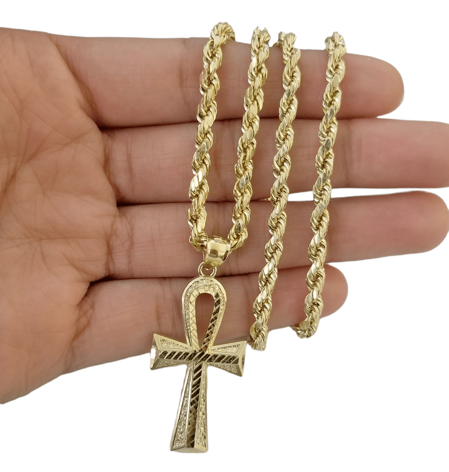Real 10k Yellow Gold Ankh charm pendant 2.2 Inches Diamond Cuts Charm for Chains - Reva Jeweler