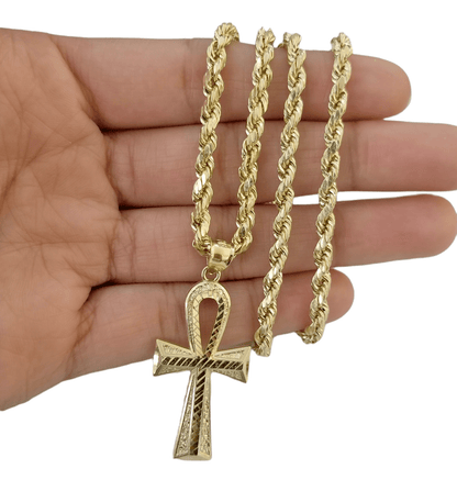 Real 10k Yellow Gold Ankh charm pendant 2.2 Inches Diamond Cuts Charm for Chains - Reva Jeweler