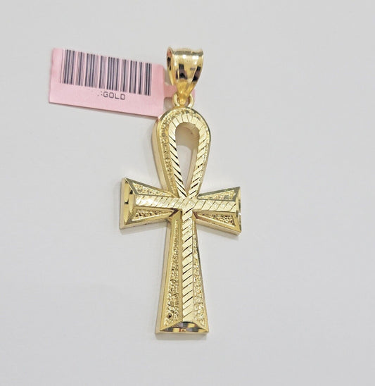 Real 10k Yellow Gold Ankh charm pendant 2.2 Inches Diamond Cuts Charm for Chains - Reva Jeweler