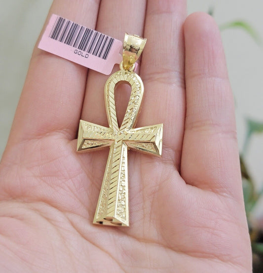 Real 10k Yellow Gold Ankh charm pendant 2.2 Inches Diamond Cuts Charm for Chains - Reva Jeweler