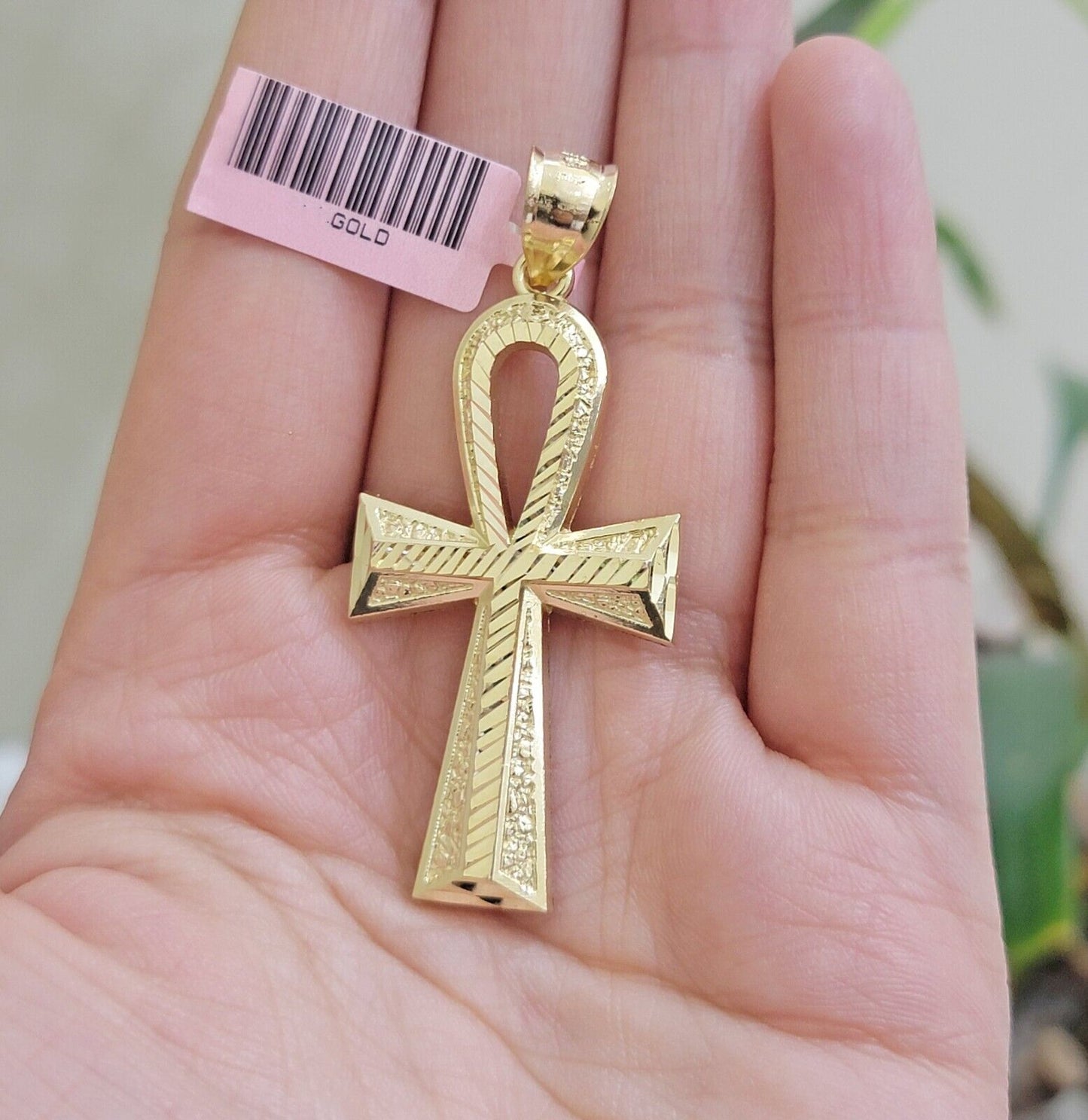Real 10k Yellow Gold Ankh charm pendant 2.2 Inches Diamond Cuts Charm for Chains - Reva Jeweler