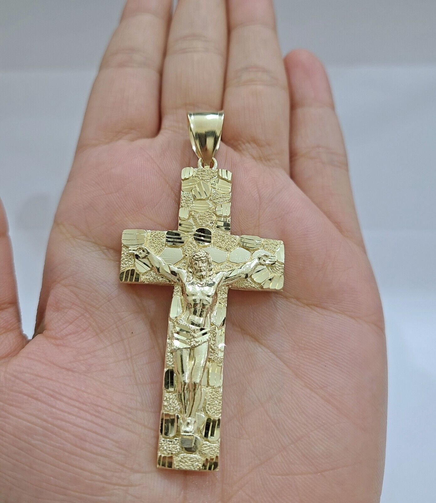 Real 10k Yellow Gold Box Byzantine Chain 24'' Necklace JesusCross Charm pendant - GoldenlinQ