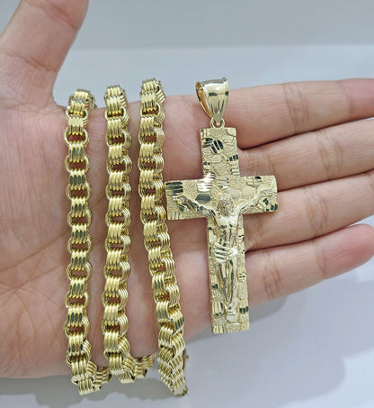 Real 10k Yellow Gold Box Byzantine Chain 24'' Necklace JesusCross Charm pendant - GoldenlinQ
