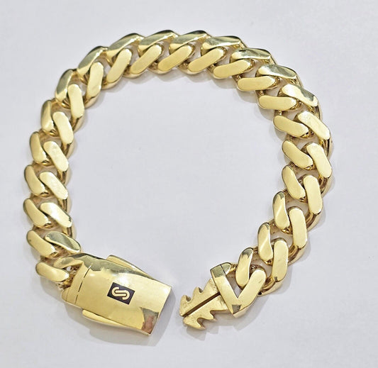 Real 10k Yellow Gold Bracelet 13mm 7.5 Inch Royal Monaco Cuban Link Men Box Lock - Reva Jeweler