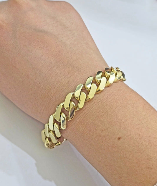 Real 10k Yellow Gold Bracelet 13mm 7.5 Inch Royal Monaco Cuban Link Men Box Lock - Reva Jeweler