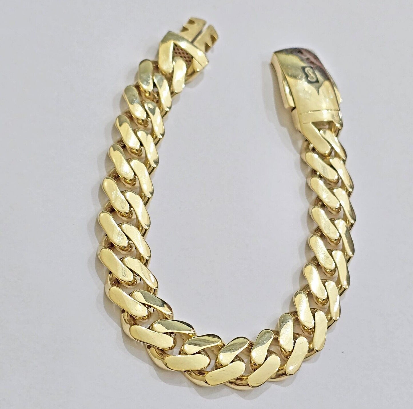 Real 10k Yellow Gold Bracelet 13mm 7.5 Inch Royal Monaco Cuban Link Men Box Lock - Reva Jeweler