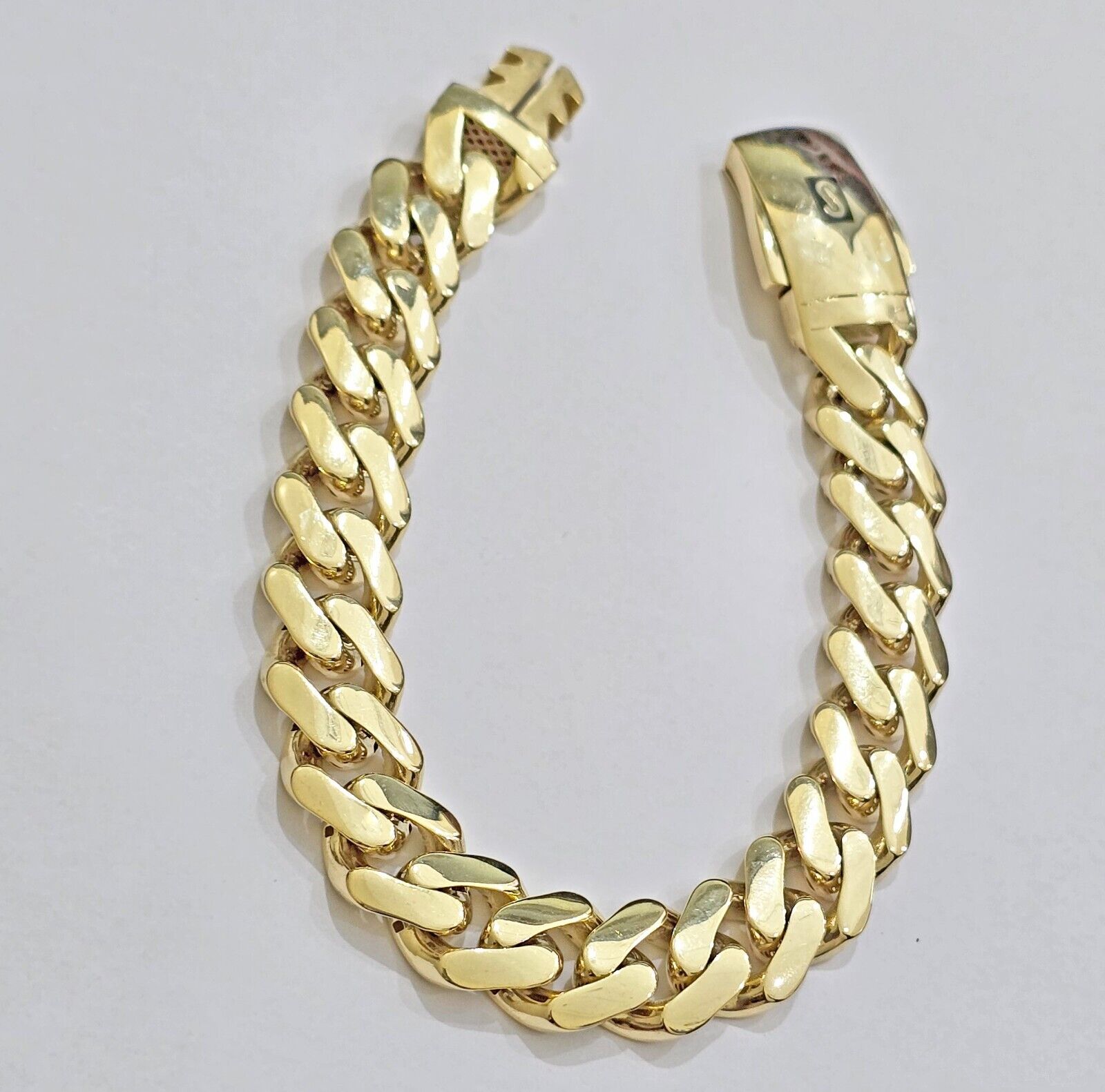 Real 10k Yellow Gold Bracelet 13mm 7.5 Inch Royal Monaco Cuban Link Men Box Lock - Reva Jeweler
