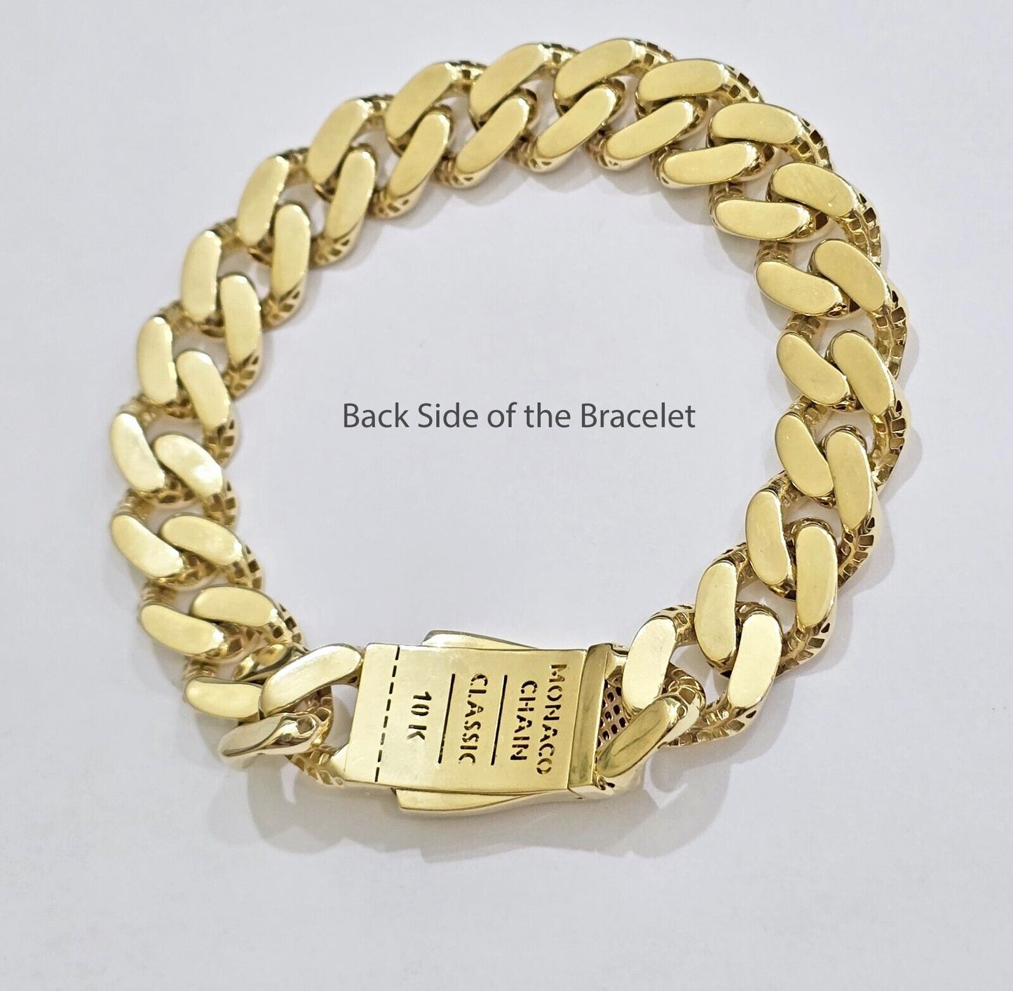 Real 10k Yellow Gold Bracelet 13mm 8 Inch Royal Monaco Cuban Link Mens Box Clasp - Reva Jeweler