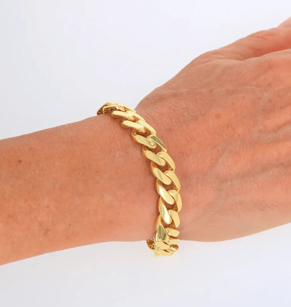 Real 10k Yellow Gold Bracelet 13mm 8 Inch Royal Monaco Cuban Link Mens Box Clasp - Reva Jeweler