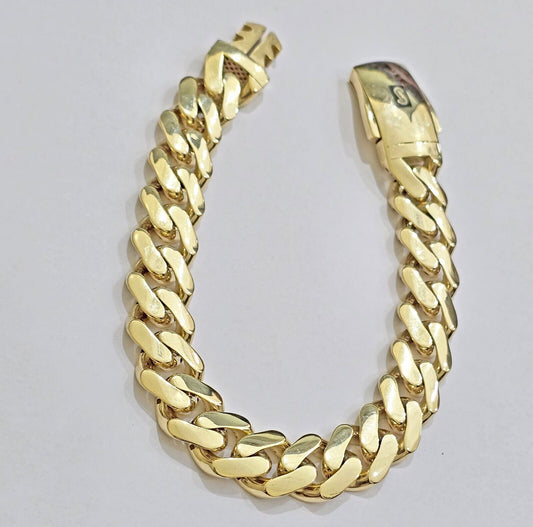 Real 10k Yellow Gold Bracelet 13mm 9 Inch Royal Monaco Cuban Link Mens Box Clasp - Reva Jeweler