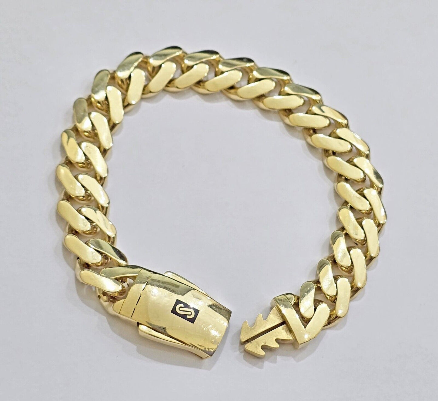 Real 10k Yellow Gold Bracelet 13mm 9 Inch Royal Monaco Cuban Link Mens Box Clasp - Reva Jeweler