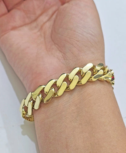 Real 10k Yellow Gold Bracelet 13mm 9 Inch Royal Monaco Cuban Link Mens Box Clasp - Reva Jeweler