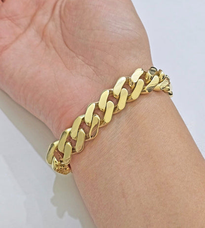 Real 10k Yellow Gold Bracelet 13mm 9 Inch Royal Monaco Cuban Link Mens Box Clasp - Reva Jeweler