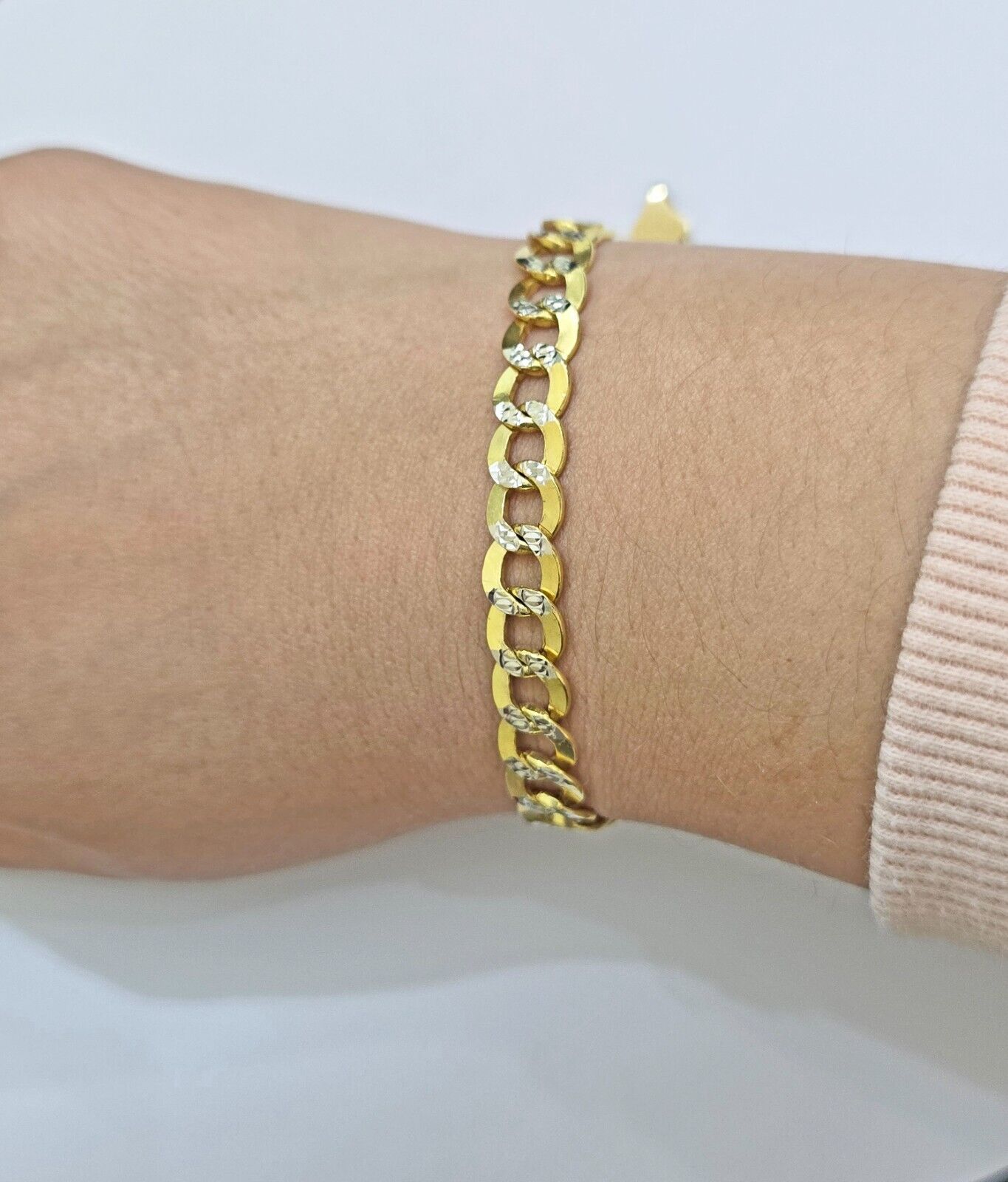 Real 10k Yellow Gold Bracelet Cuban Curb link 7mm 8 Inch Two - tone Cuts SOLID 10k - Reva Jeweler