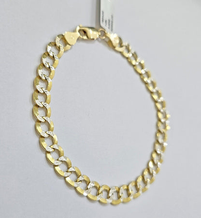 Real 10k Yellow Gold Bracelet Cuban Curb link 7mm 8 Inch Two - tone Cuts SOLID 10k - Reva Jeweler