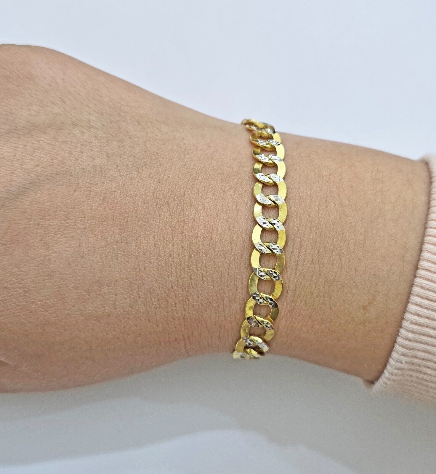 Real 10k Yellow Gold Bracelet Cuban Curb link 8mm 8.5" Two - tone Cuts SOLID 10k - Reva Jeweler