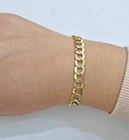 Real 10k Yellow Gold Bracelet Cuban Curb link 8mm 8.5" Two - tone Cuts SOLID 10k - Reva Jeweler