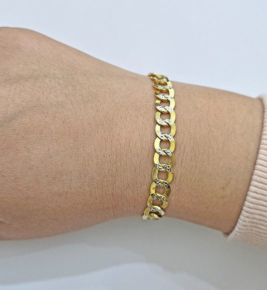 Real 10k Yellow Gold Bracelet Cuban Curb link 8mm 8.5" Two - tone Cuts SOLID 10k - Reva Jeweler