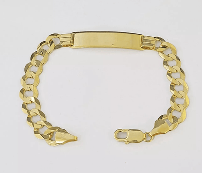 Real 10k Yellow Gold Bracelet Mens Cuban curb Link ID Name Plate Solid 13mm 9" - Reva Jeweler